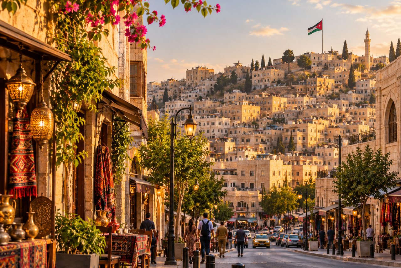 AI illustration of the departure city, Amman; not a photograph of Jerash or an actual tour