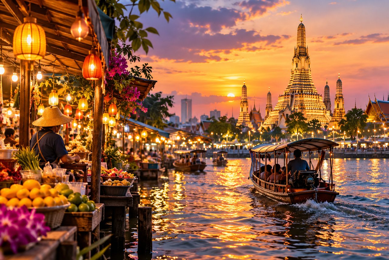 AI travel illustration inspired by bangkok; not a photograph of an actual tour