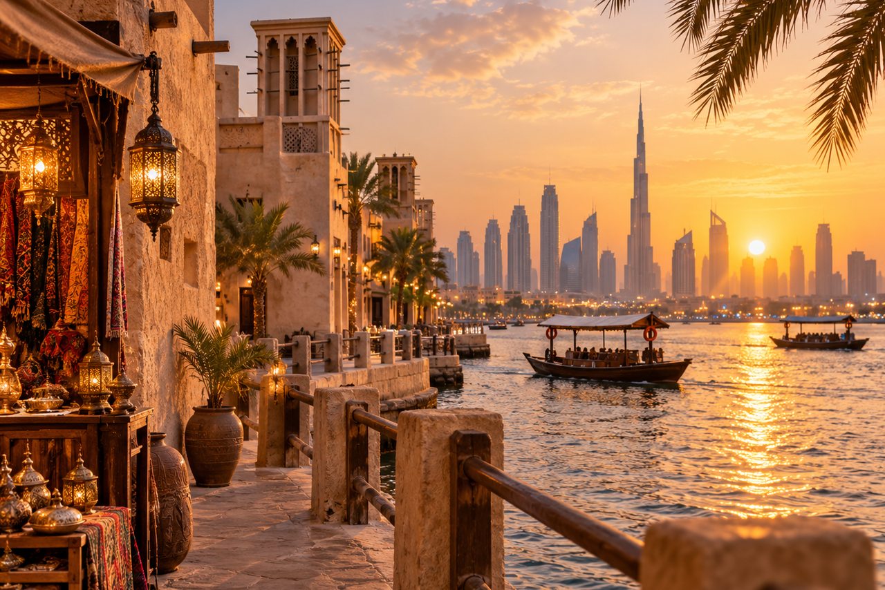 AI travel illustration inspired by dubai; not a photograph of an actual tour